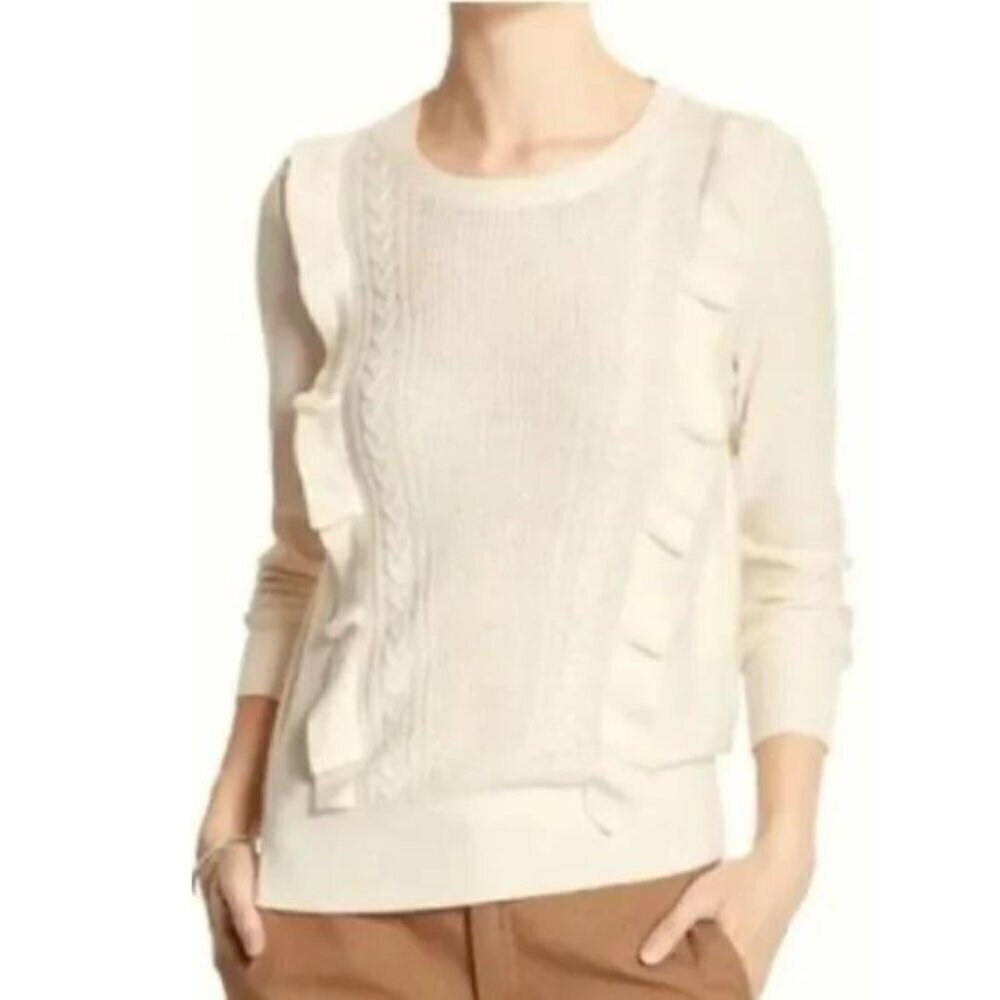 BANANA REPUBLIC Womens Medium Ruffle Front Cable Wool Sweater Ivory Color